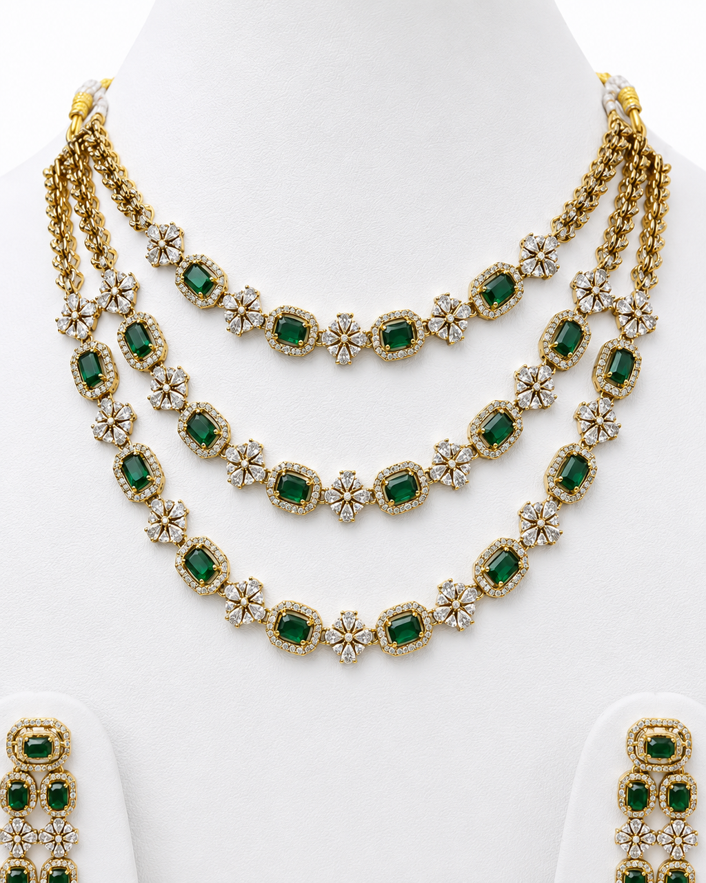 Luxury American Diamond Triple Layer Necklace & Earrings Set for Women