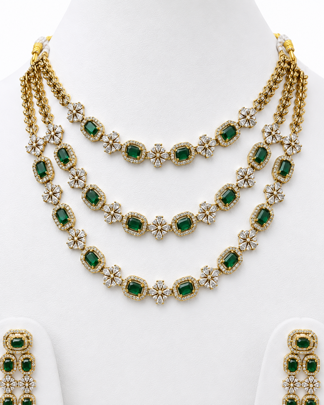 Luxury American Diamond Triple Layer Necklace & Earrings Set for Women