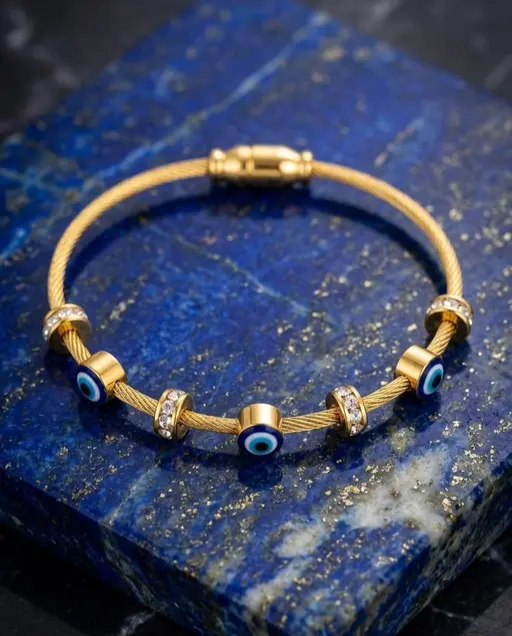 Anti tarnish Gold Tone Evil Eye Bracelet for Women – Blue Enamel Nazar Charm,