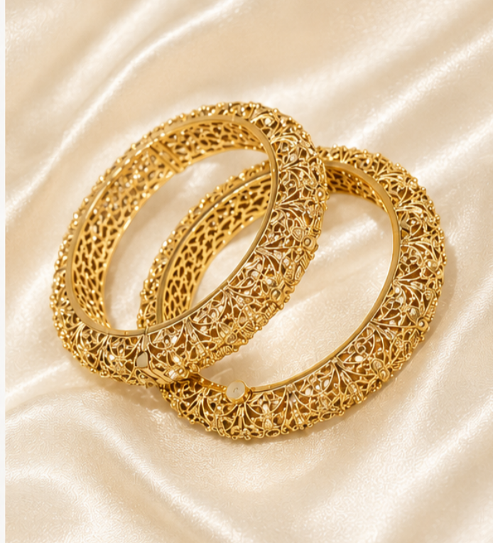 Belforet Gold Plated Polki Bangles for Women | Antique Gold Openable Bridal Bangles | Traditional Ethnic Kada Bracelet | Premium Brass Alloy Wedding & Festive Jewelry (Pair)