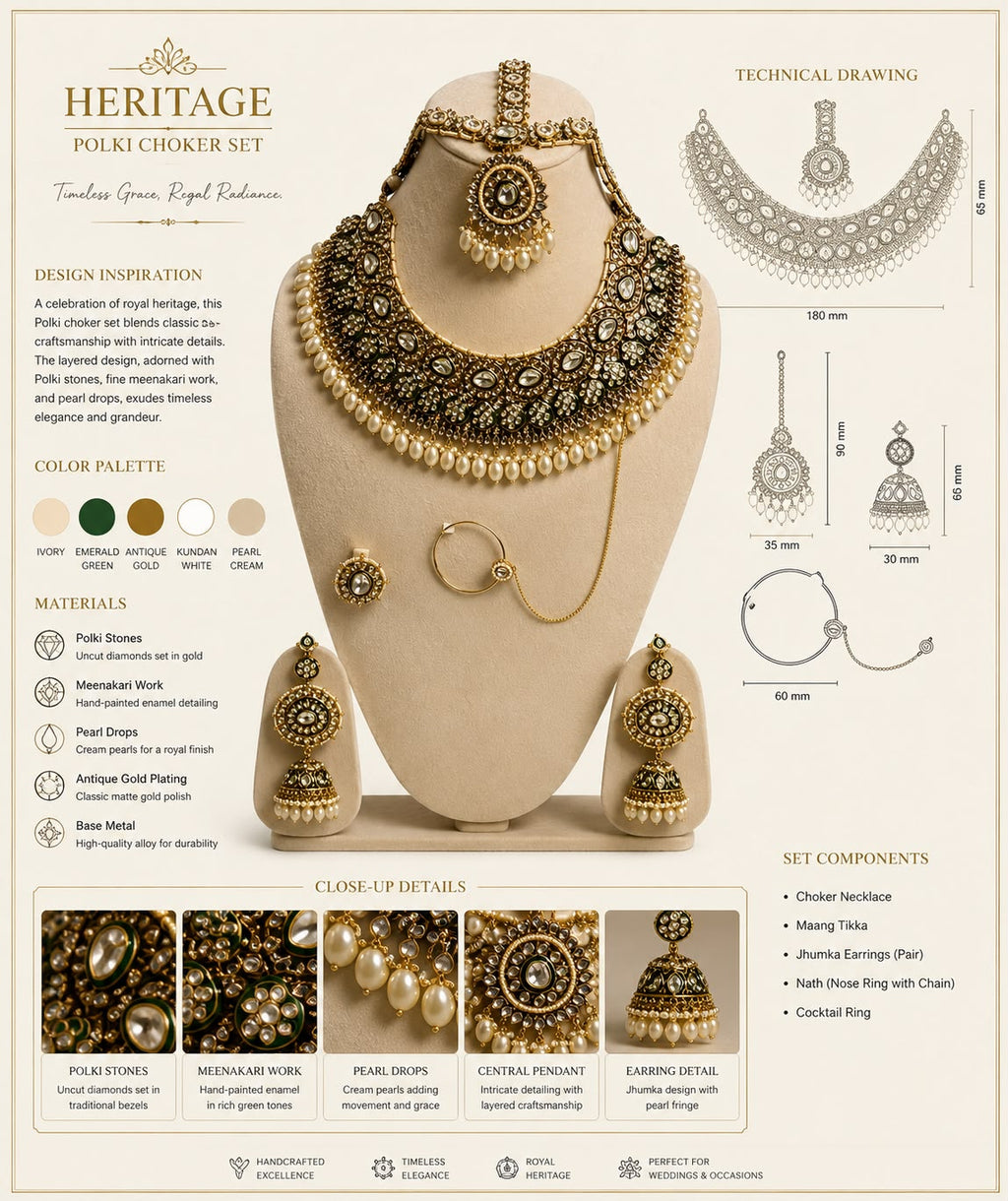 Antique Gold American Diamond Necklace Set with Green Stones & Matching Earrings