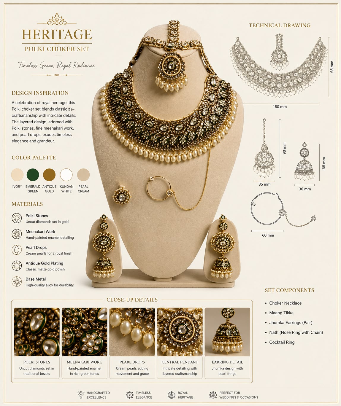 Antique Gold American Diamond Necklace Set with Green Stones & Matching Earrings