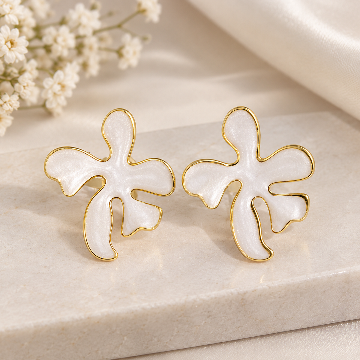Anti tarnish  Gold-Tone Floral Earrings for Women | Elegant White Enamel Flower Stud Earrings