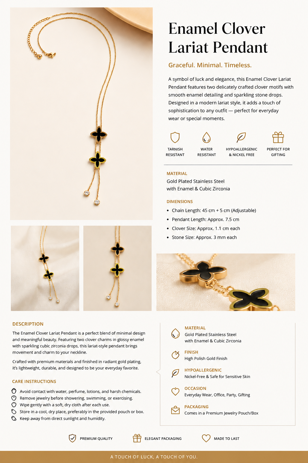Belforet Enamel Clover Lariat Pendant Necklace for Women | 18K Gold Plated Stainless Steel | Black Clover Drop Necklace with Cubic Zirconia | Adjustable Hypoallergenic Minimalist Lucky Charm Jewelry - Anti Tarnish