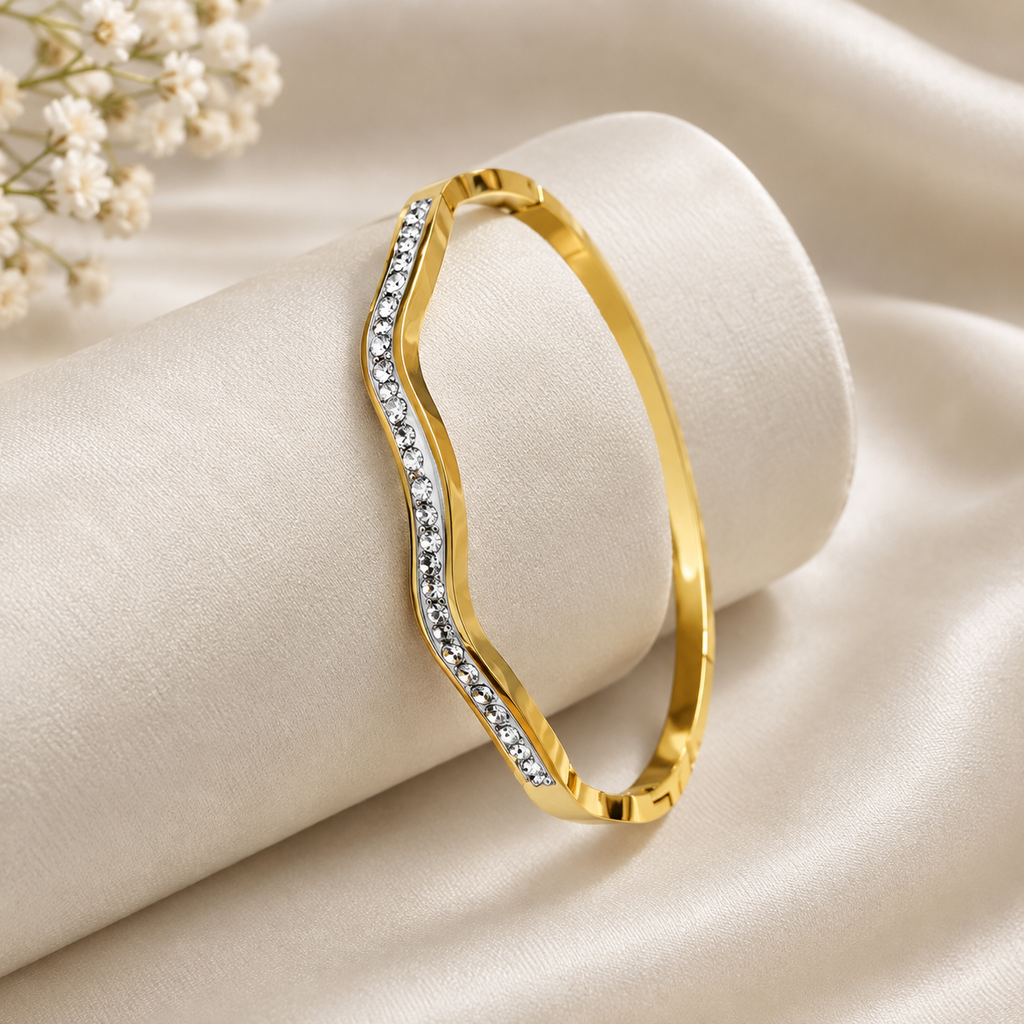 Anti tarnish Gold-Tone Crystal Wave Bangle Bracelet for Women
