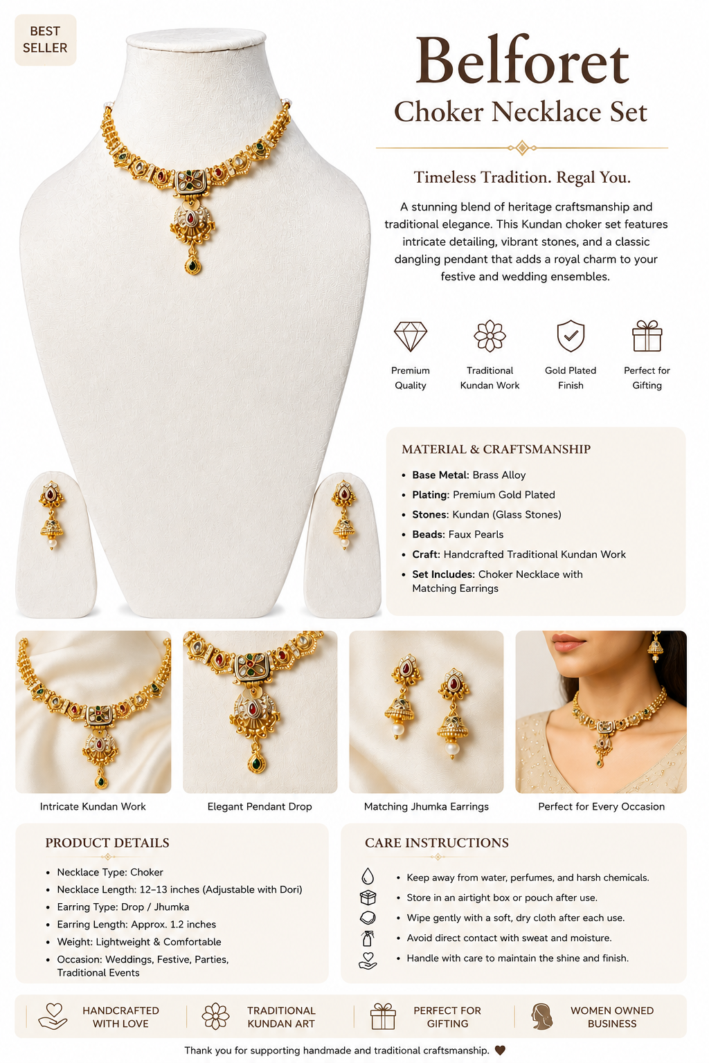 Royal Heritage Kundan Choker Necklace Set with Jhumka Earrings for Women | Gold Plated Traditional Bridal Jewelry