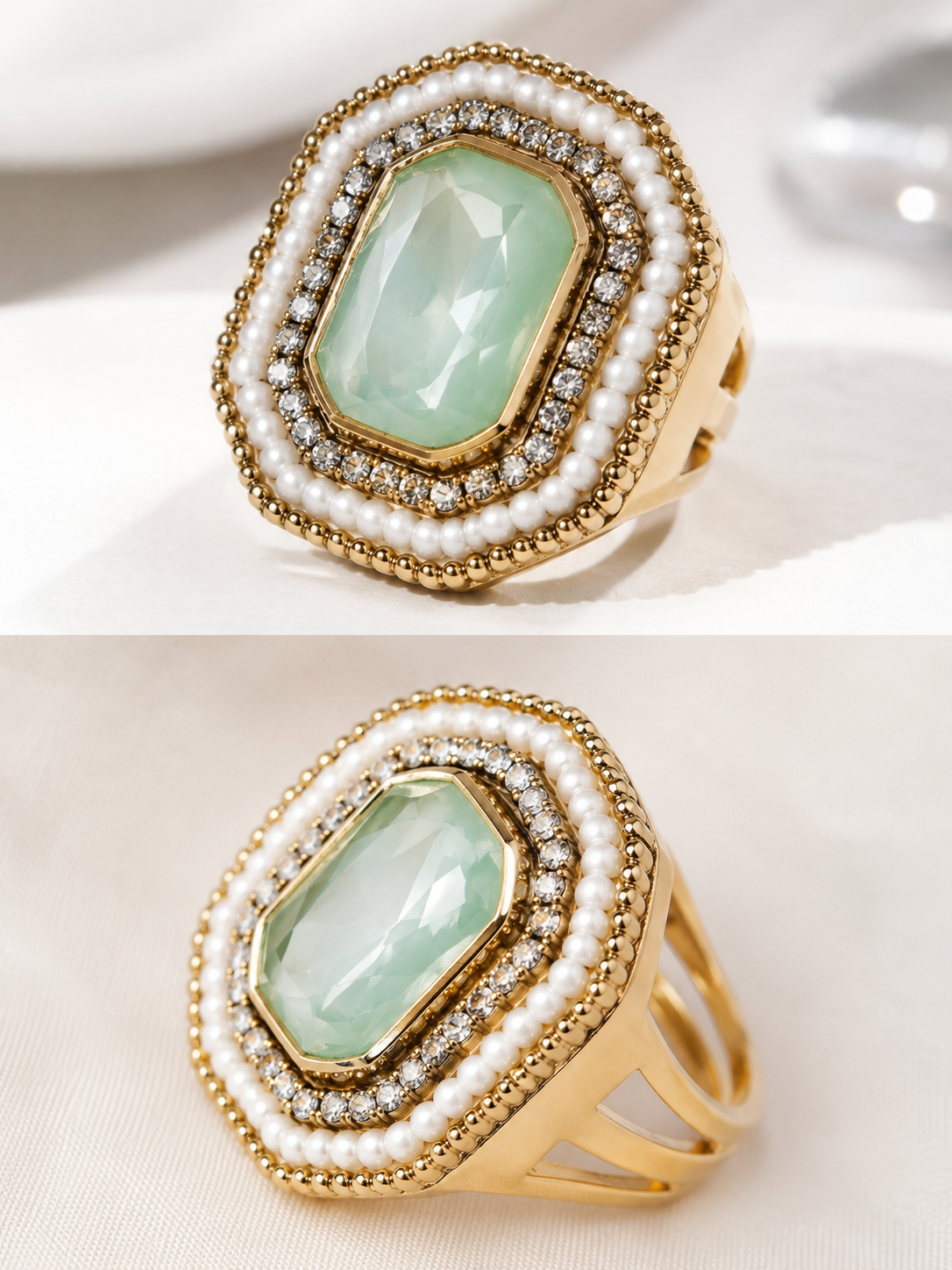 Gold Plated Stainless Steel Ring with Emerald-Cut Green Stone, Crystal Halo & Pearl Accents
