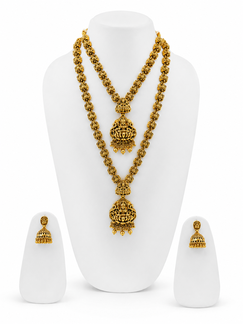 Traditional Temple Pendant Set with Jhumka Earrings – Antique Gold Finish