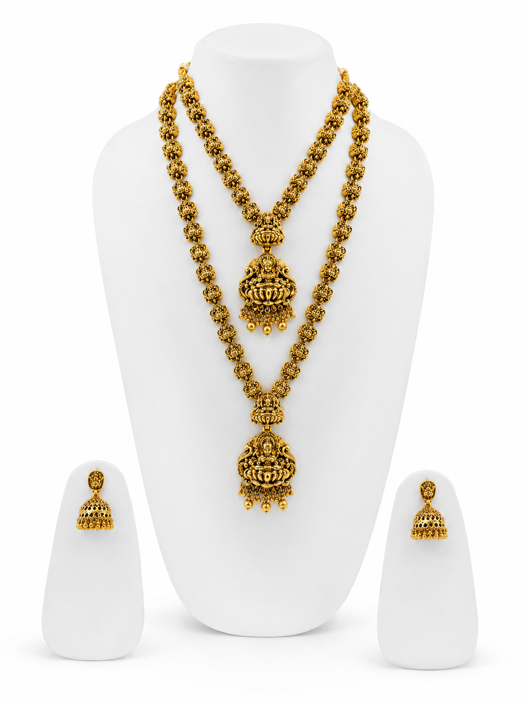 Traditional Temple Pendant Set with Jhumka Earrings – Antique Gold Finish