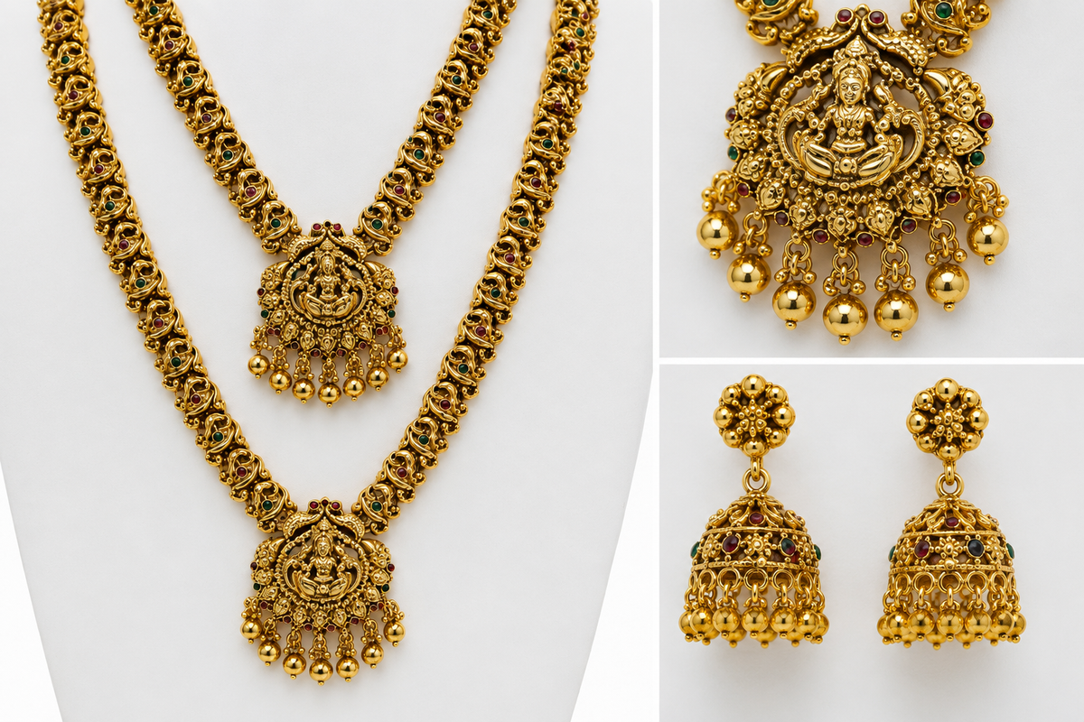 Belforet Divine Temple Jewelry Set for Women – Dual Layer Gold-Plated Lakshmi Haram Necklace with Jhumka Earrings
