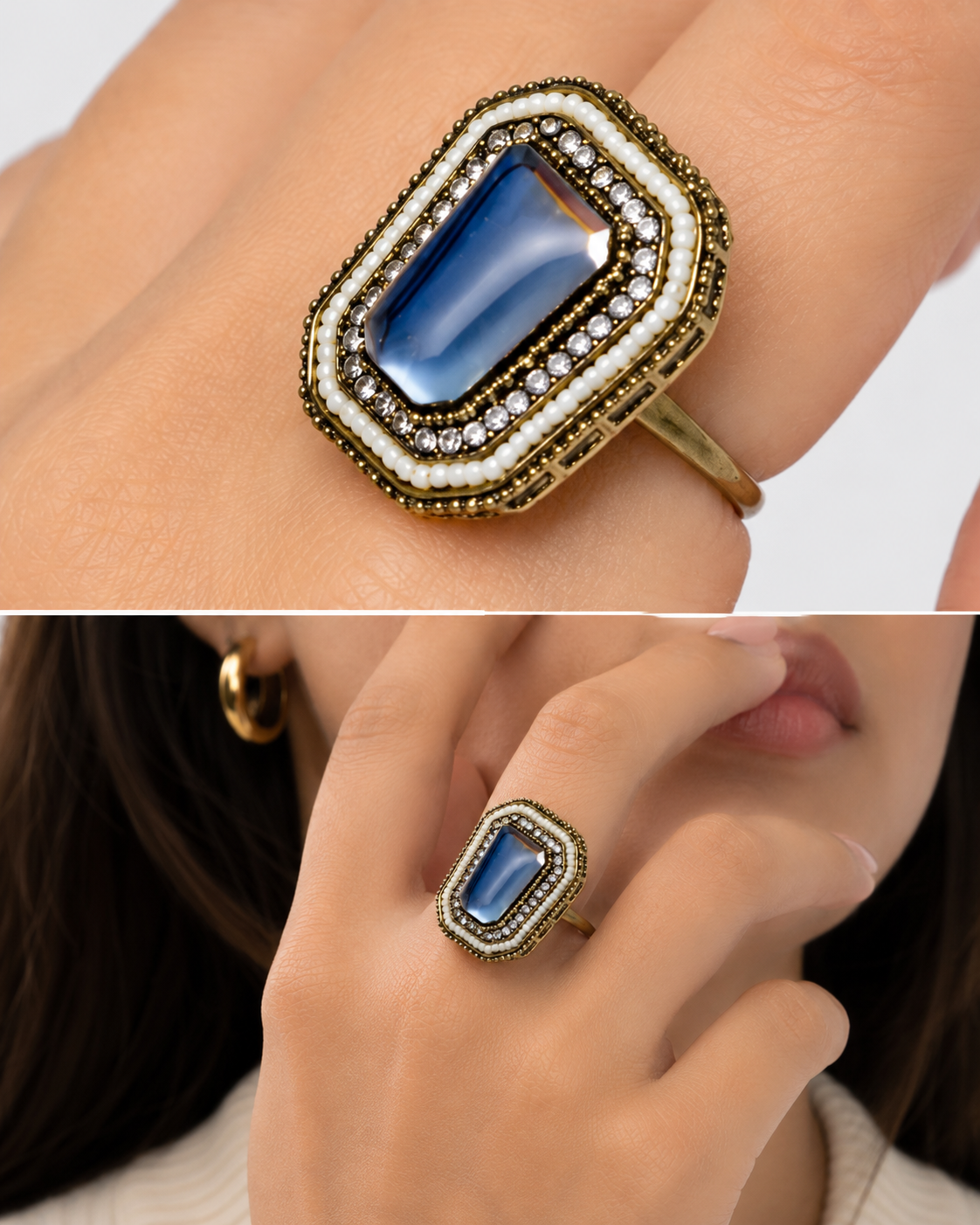 Gold Plated Stainless Steel Ring with Emerald-Cut Green Stone, Crystal Halo & Pearl Accents