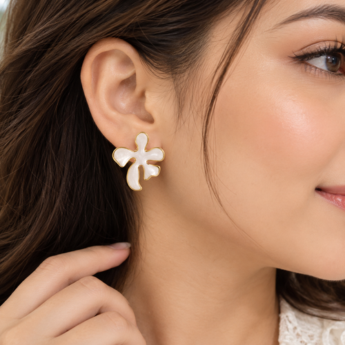 Anti tarnish  Gold-Tone Floral Earrings for Women | Elegant White Enamel Flower Stud Earrings