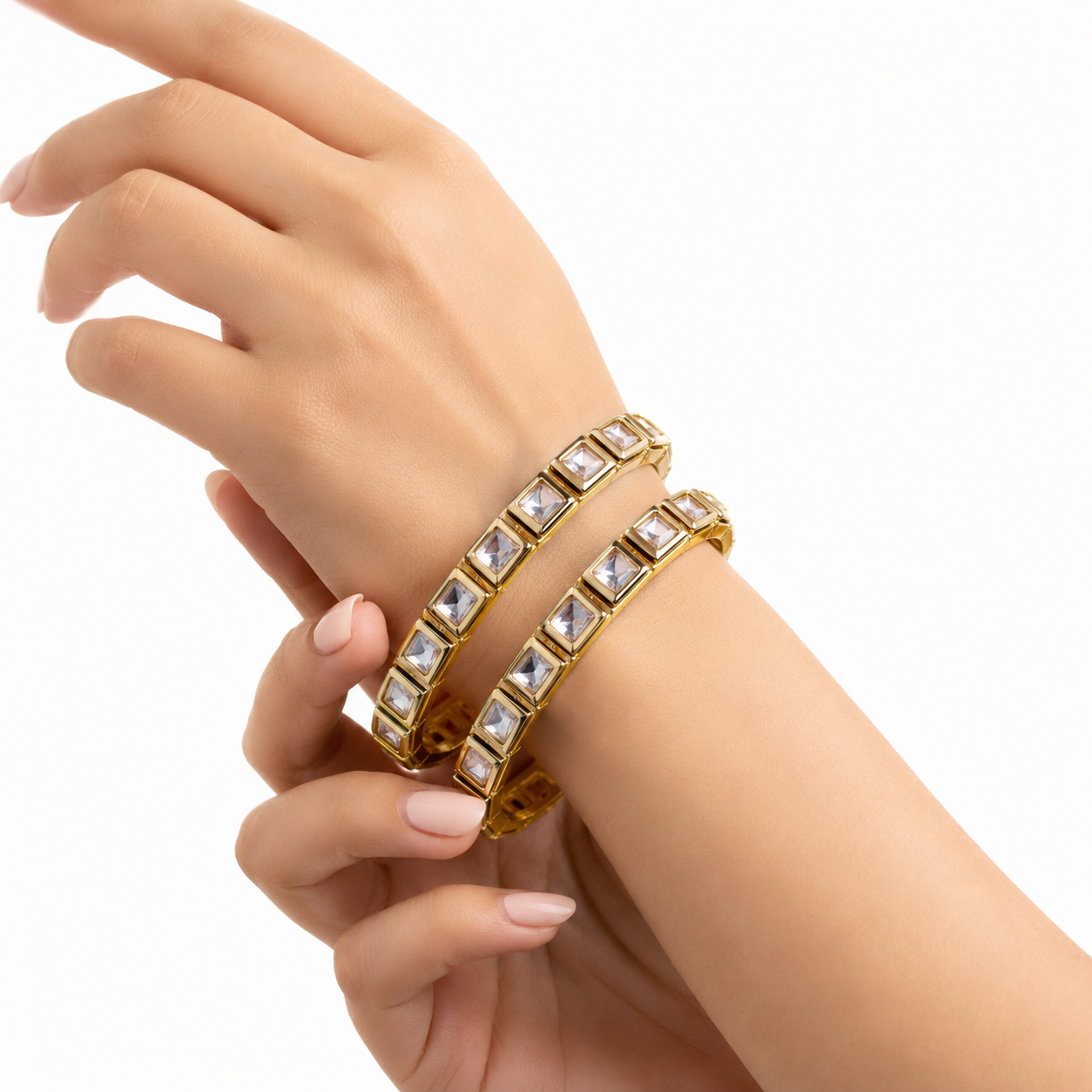 Luxe Square Crystal Bangles Set for Women – Gold Plated Cubic Zirconia Bracelet Bangles | Elegant Party, Wedding & Festive Jewelry