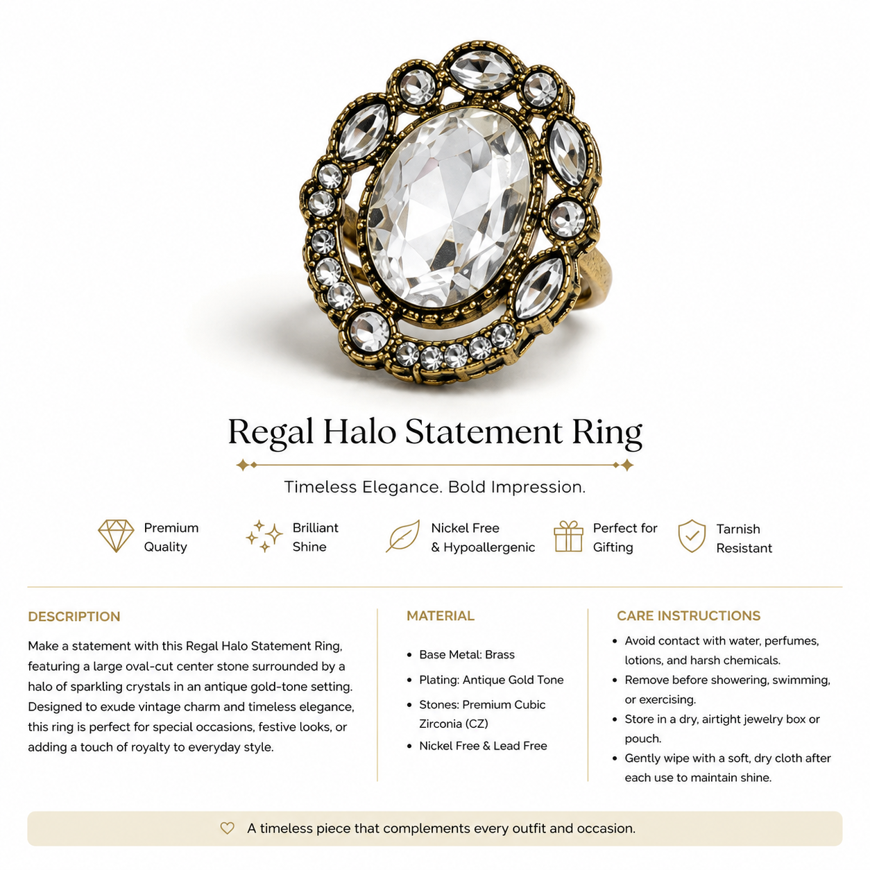 Regal Halo Vintage Statement Ring for Women | Antique Gold Crystal Adjustable Cocktail Ring