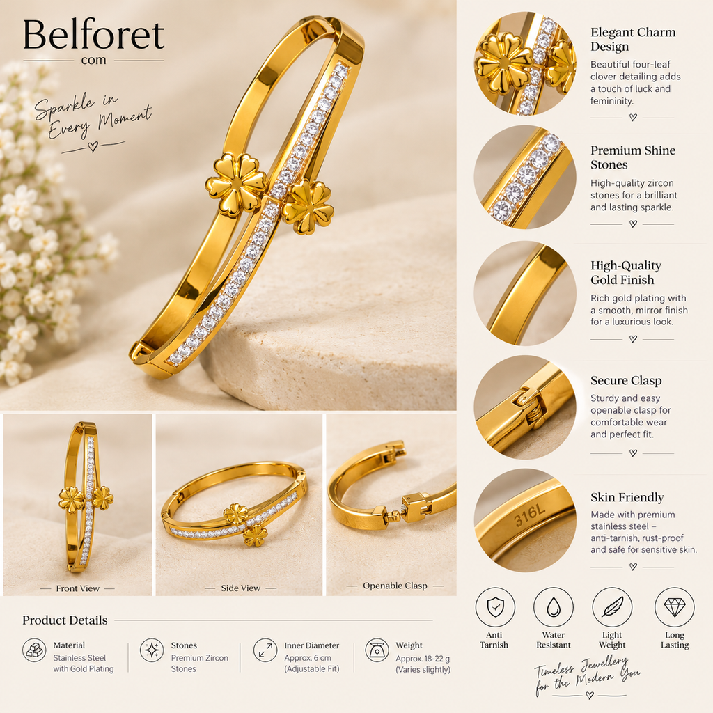 Anti tarnish Gold-Plated Floral Zircon Bracelet for Women | Elegant Statement Bangle | Belforet