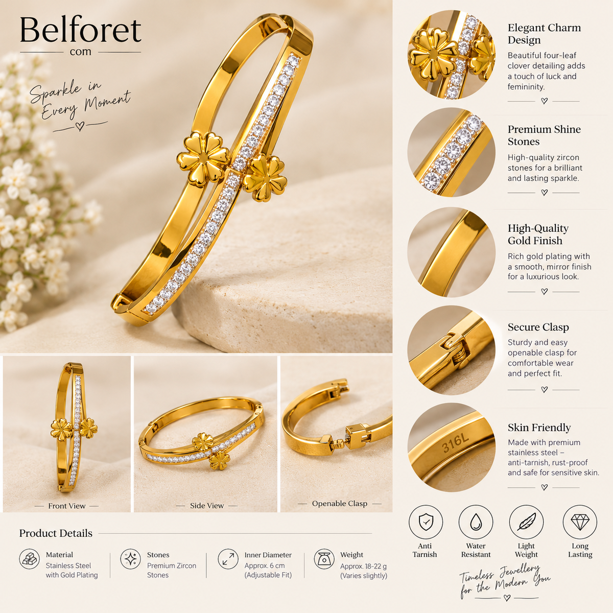 Anti tarnish Gold-Plated Floral Zircon Bracelet for Women | Elegant Statement Bangle | Belforet