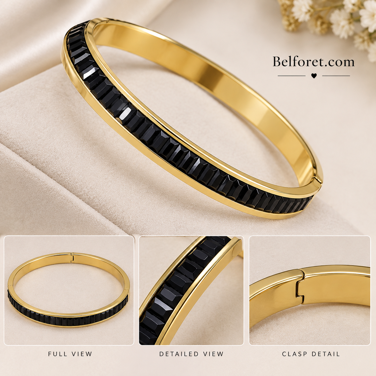 Anti tarnish Gold Tone Black Stone Bangle for Women | Elegant Openable Bracelet – Belforet