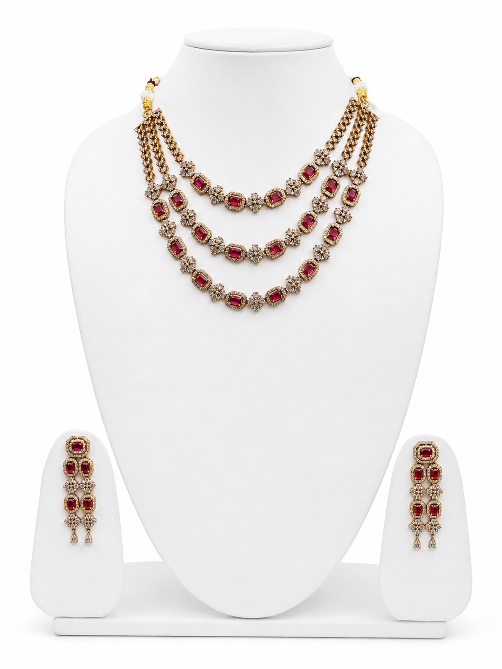 Luxury American Diamond Triple Layer Necklace & Earrings Set for Women