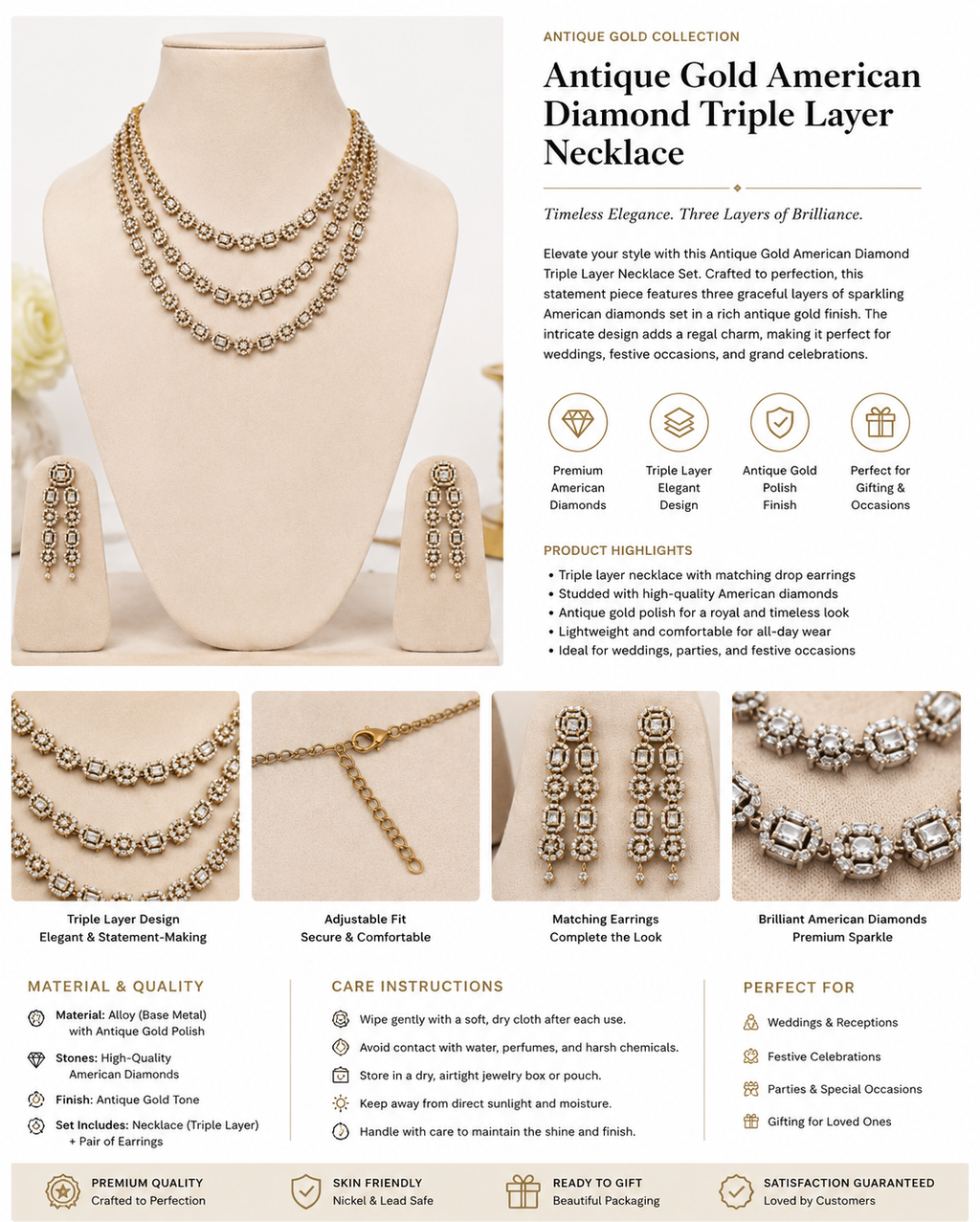 Luxury American Diamond Triple Layer Necklace & Earrings Set for Women