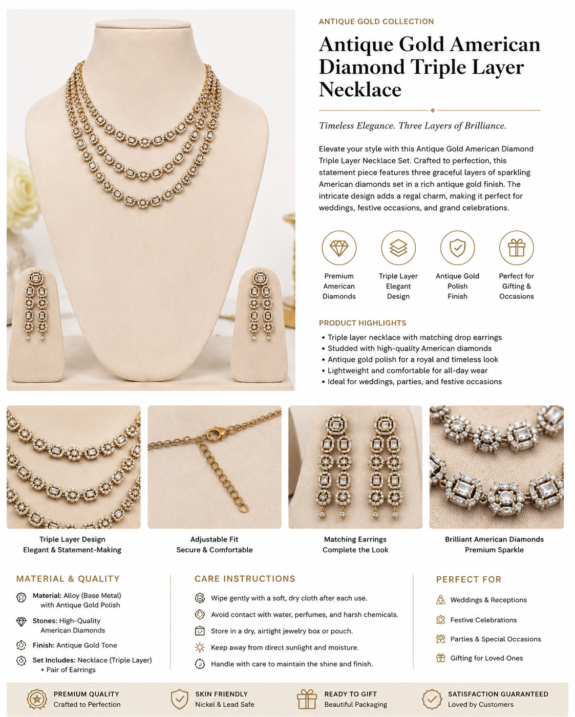 Luxury American Diamond Triple Layer Necklace & Earrings Set for Women