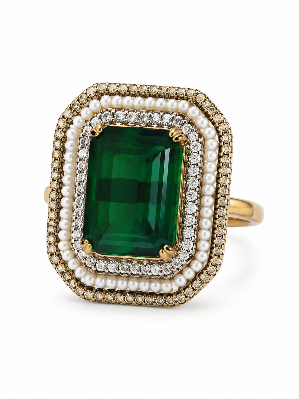 Gold Plated Stainless Steel Ring with Emerald-Cut Green Stone, Crystal Halo & Pearl Accents