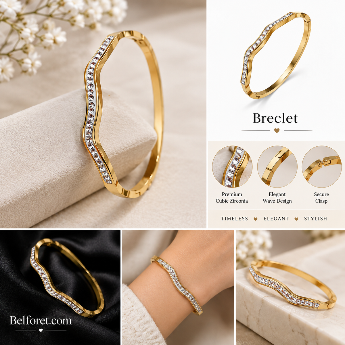 Anti tarnish Gold-Tone Crystal Wave Bangle Bracelet for Women