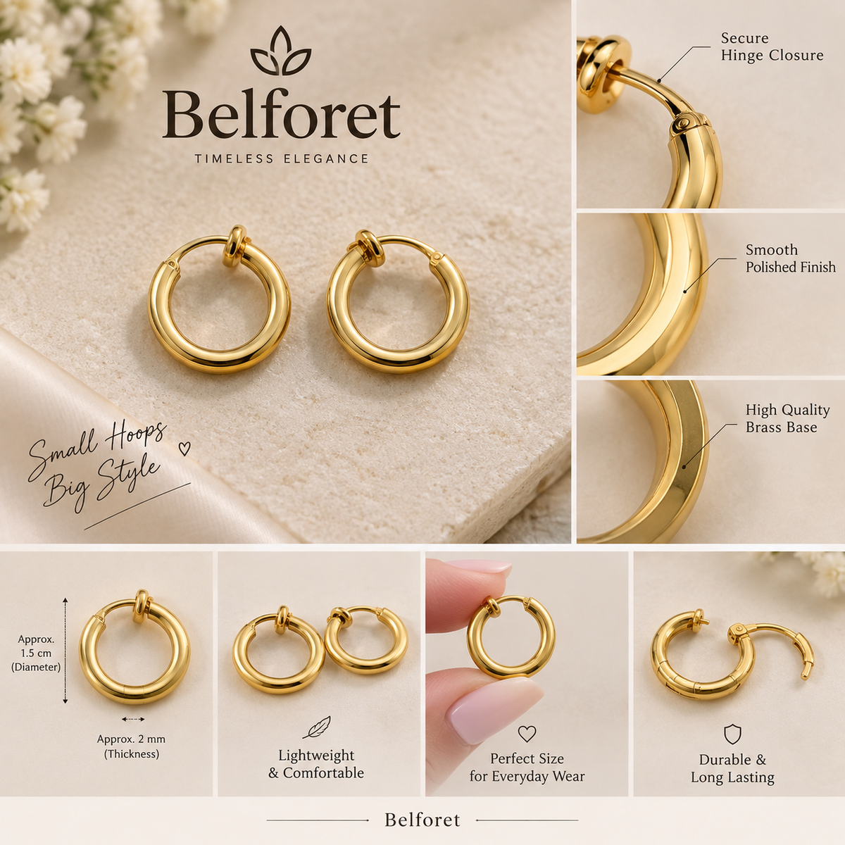 Anti tarnish Classic Gold Hoop Earrings for Women | Minimalist Small Huggie Earrings