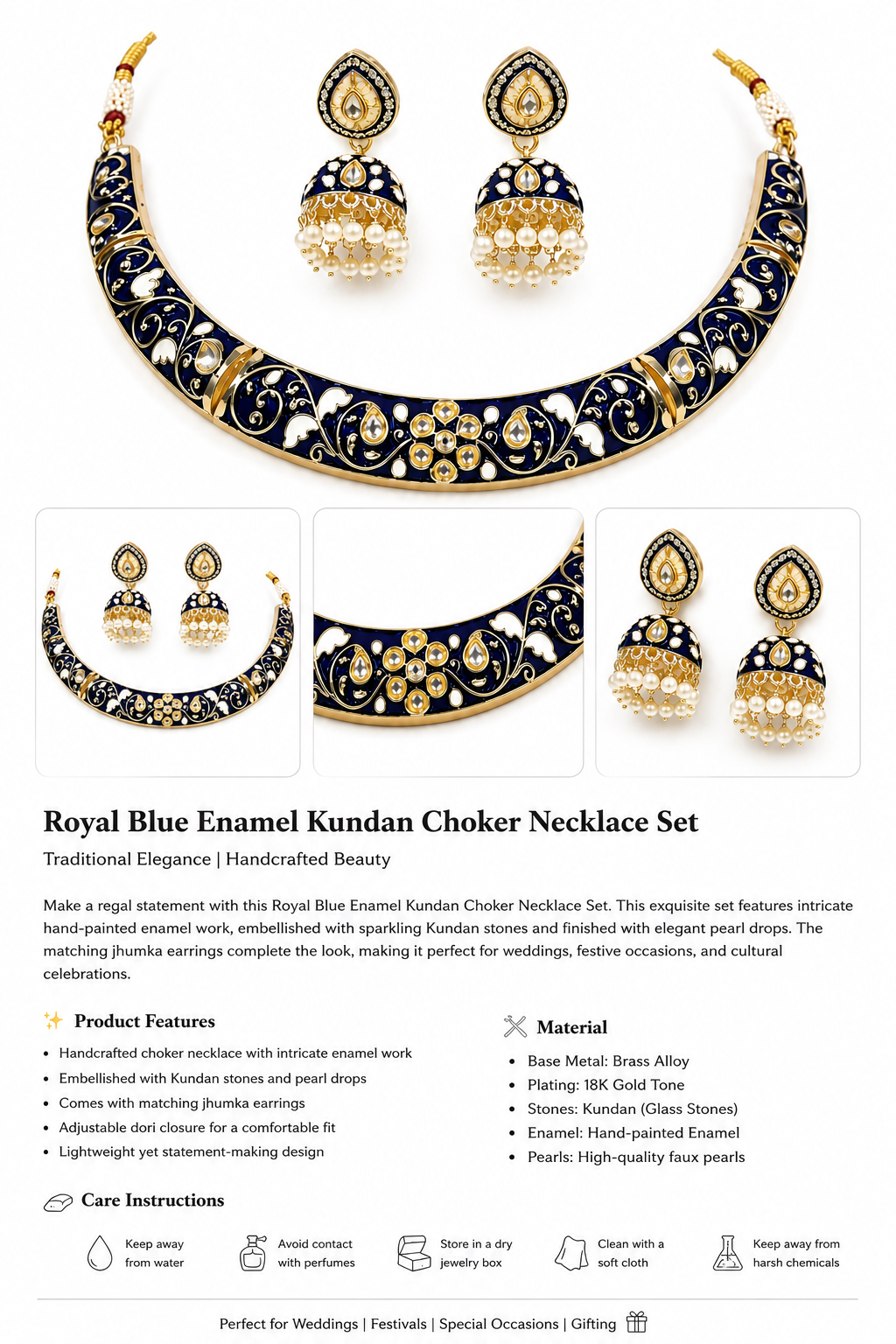 Royal Blue Meenakari Kundan Choker Necklace Set with Pearl Jhumka Earrings | 18K Gold Plated Traditional Bridal Jewelry | Handcrafted Enamel Wedding Necklace Set for Women | Belforet