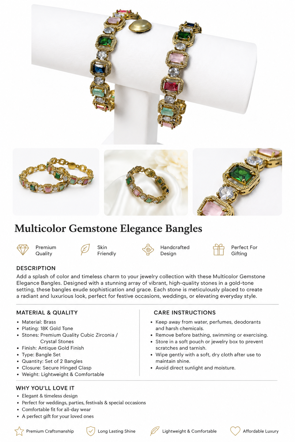 Belforet Multicolor Crystal Link Bracelet – 18K Gold Plated