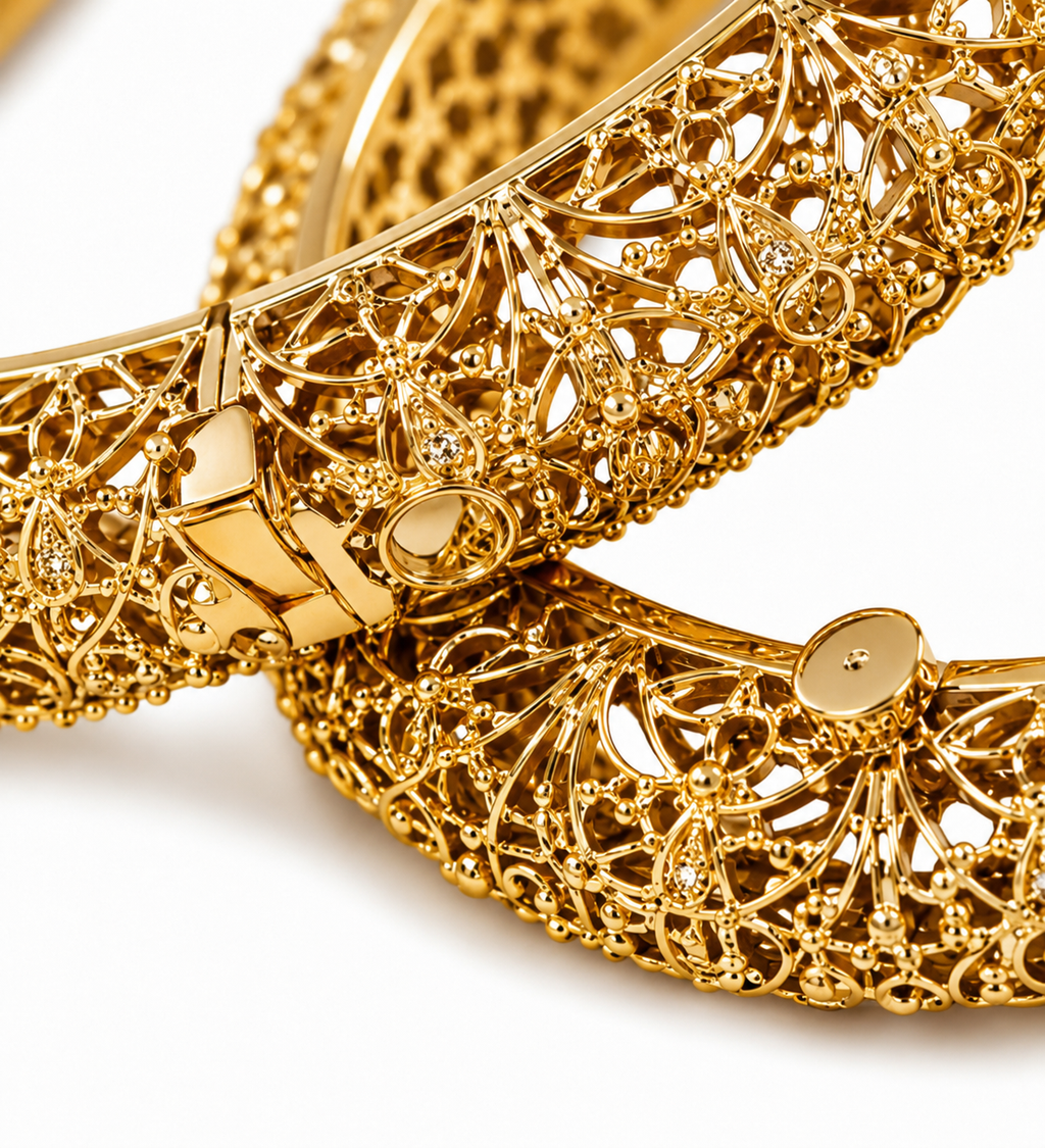 Belforet Gold Plated Polki Bangles for Women | Antique Gold Openable Bridal Bangles | Traditional Ethnic Kada Bracelet | Premium Brass Alloy Wedding & Festive Jewelry (Pair)