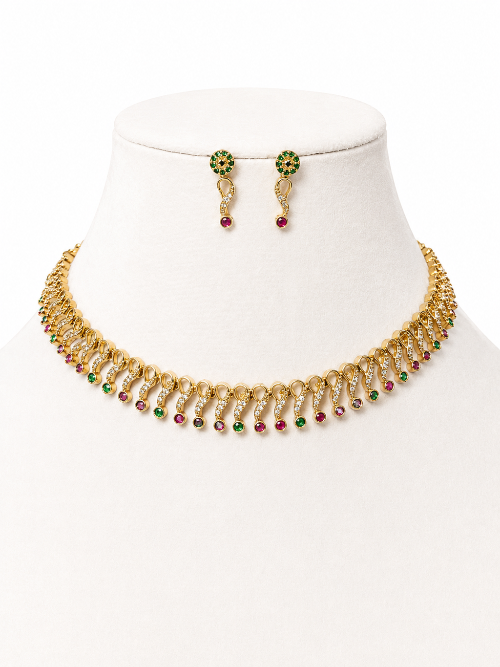 Belforet Gold-Plated American Diamond Choker Necklace Set with Green & Ruby Stones | Traditional Bridal Jewelry for Women