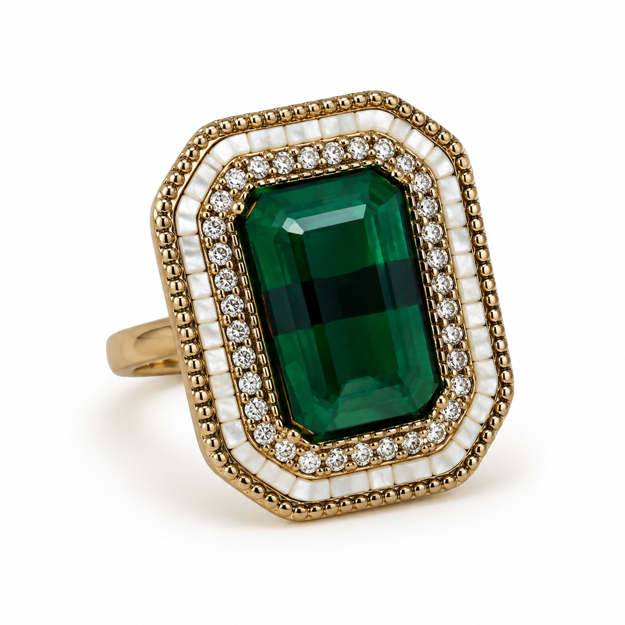 Gold Plated Stainless Steel Ring with Emerald-Cut Green Stone, Crystal Halo & Pearl Accents