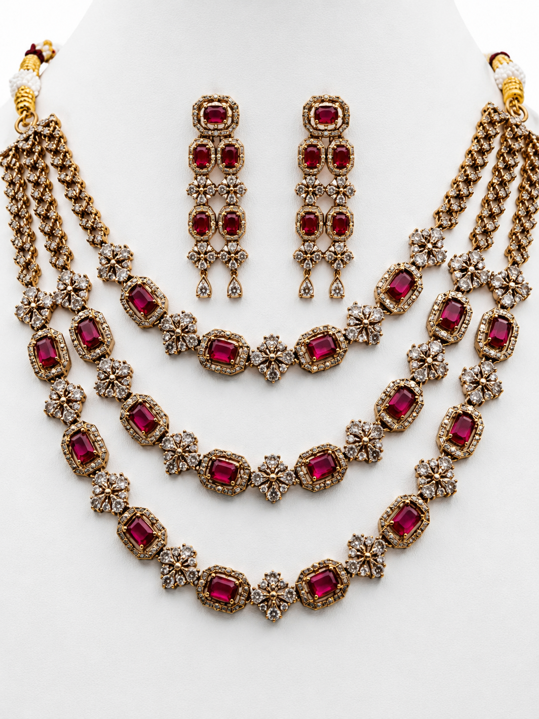 Luxury American Diamond Triple Layer Necklace & Earrings Set for Women