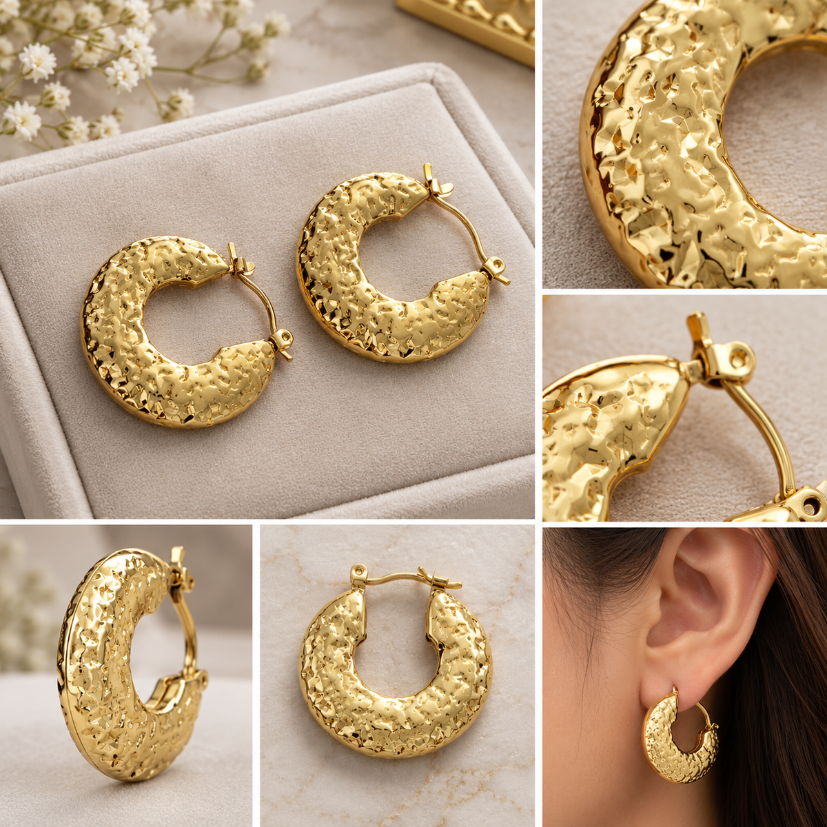 Anti tarnish Elegant Gold Pearl Hoop Earrings for Women | Textured Statement Earrings |