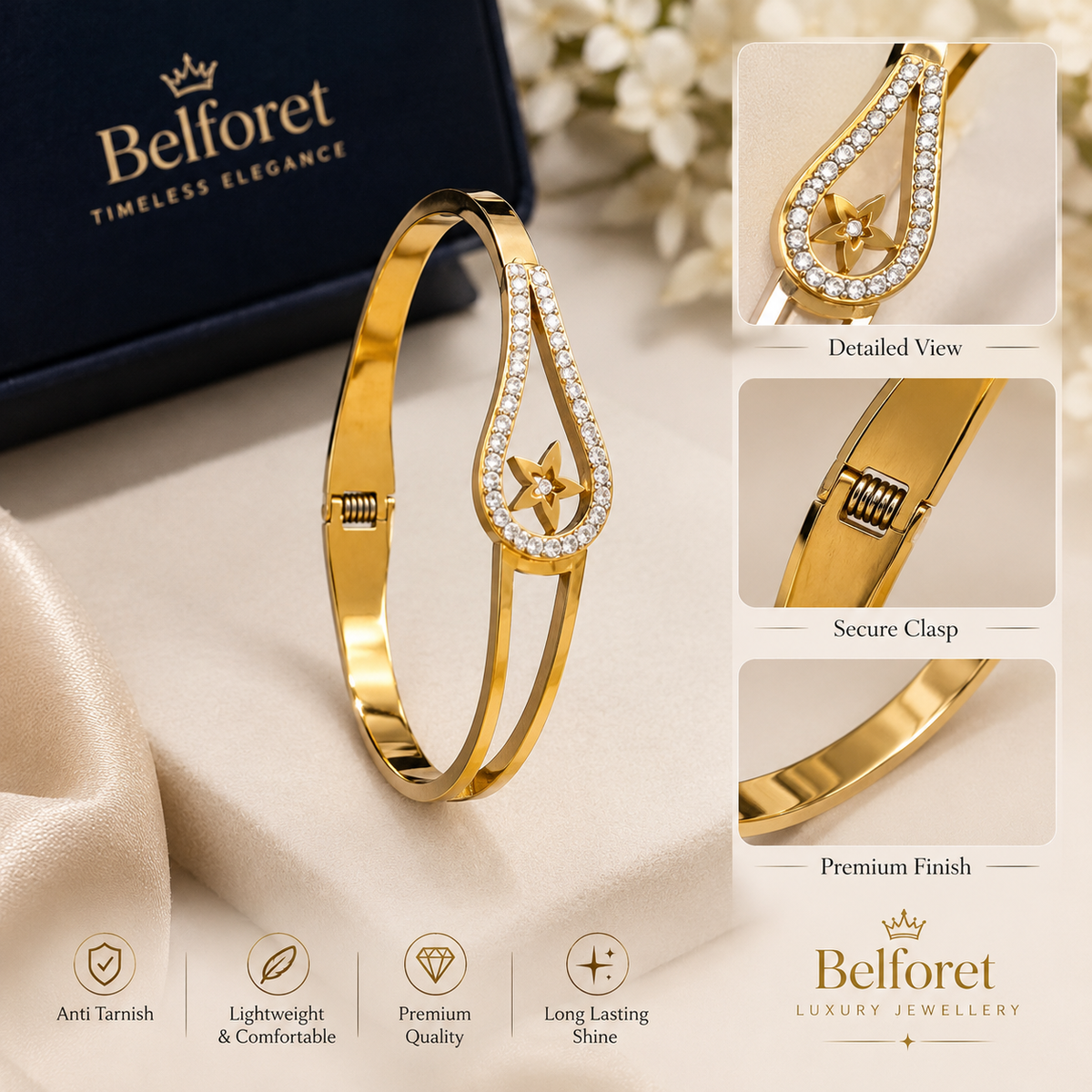 Anti tarnish Gold-Tone Crystal Star Bracelet for Women | Elegant Statement Cuff Bracelet