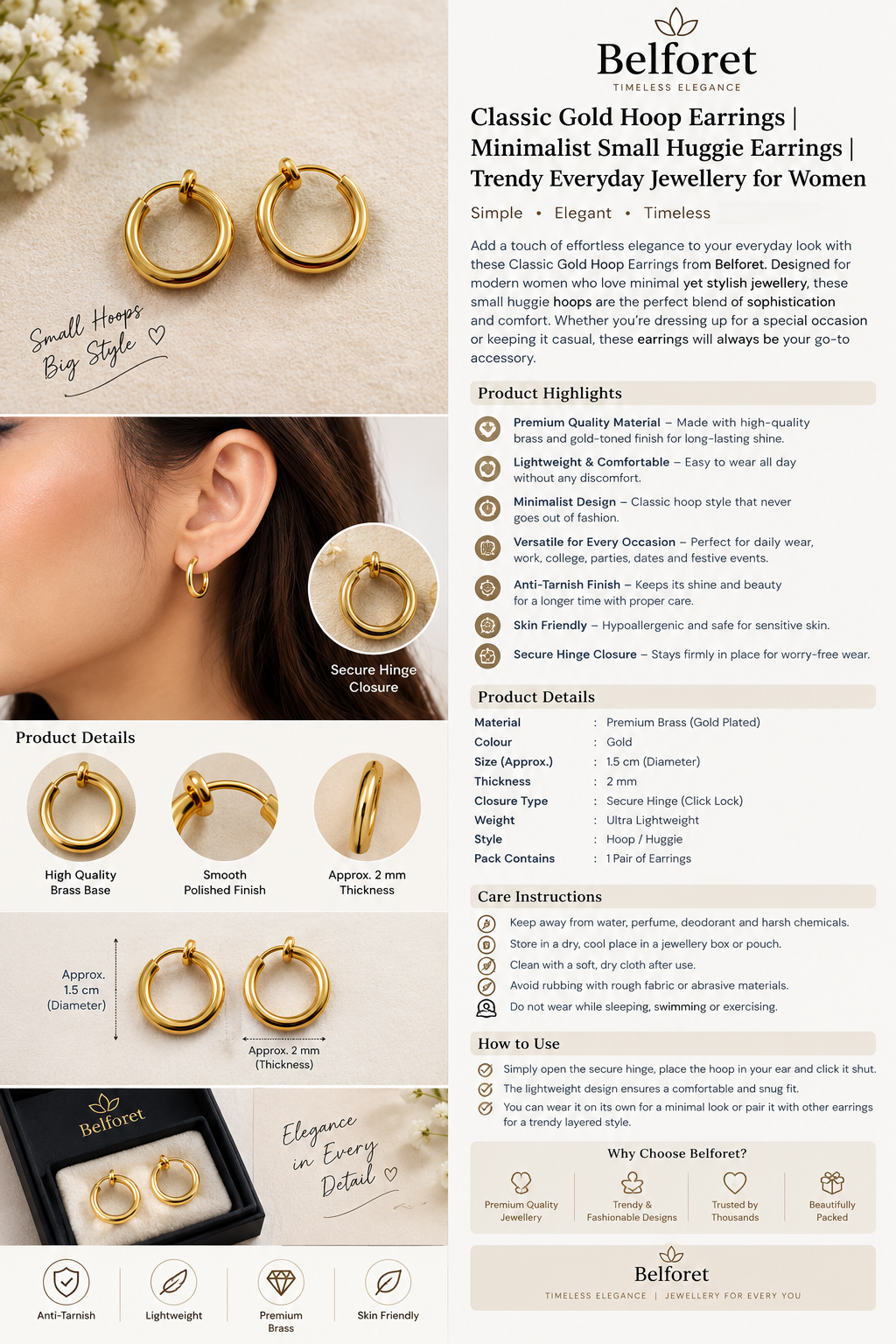 Anti tarnish Classic Gold Hoop Earrings for Women | Minimalist Small Huggie Earrings