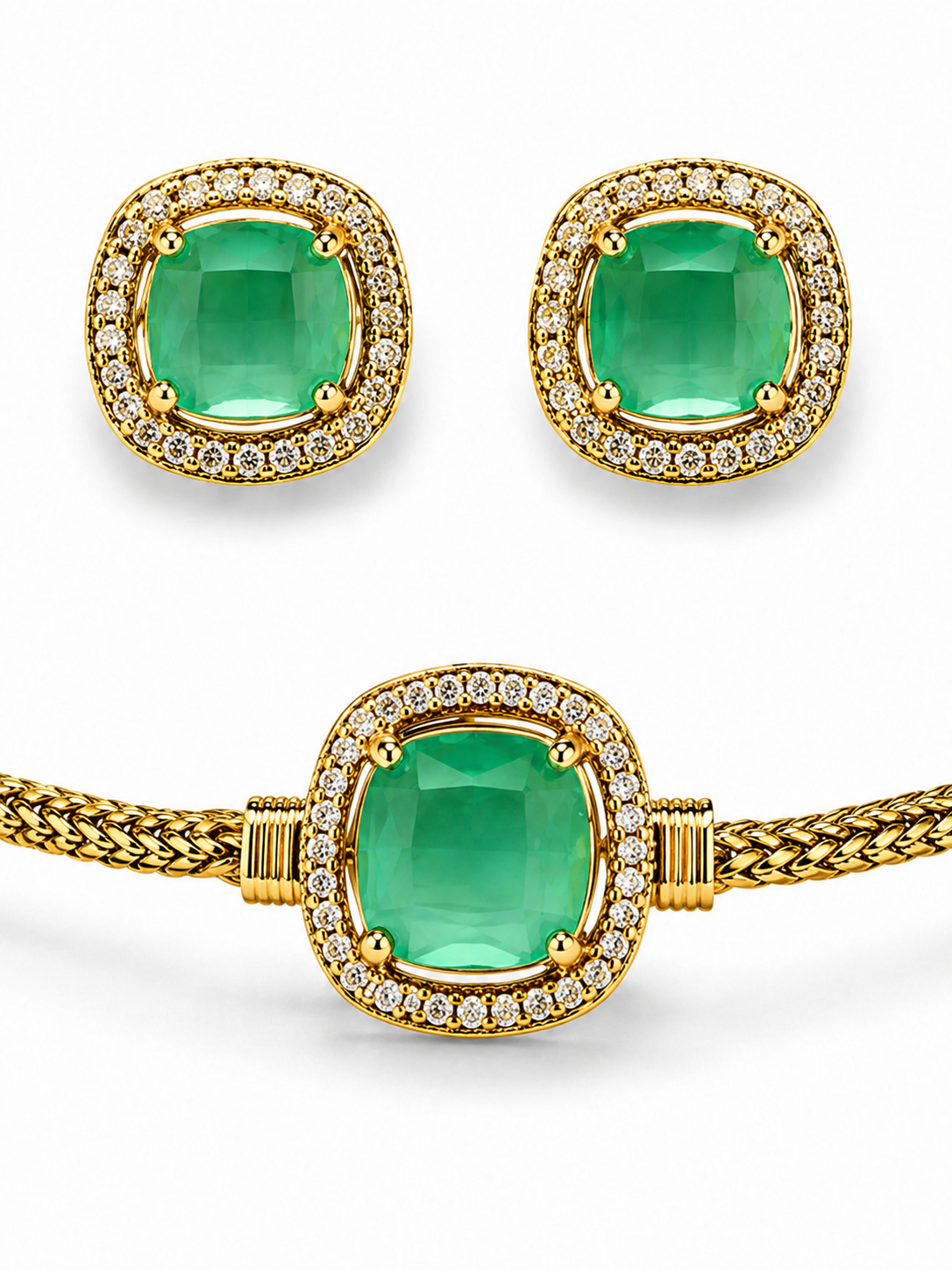 Belforet Emerald Green CZ Choker Necklace Set | 18K Gold Plated