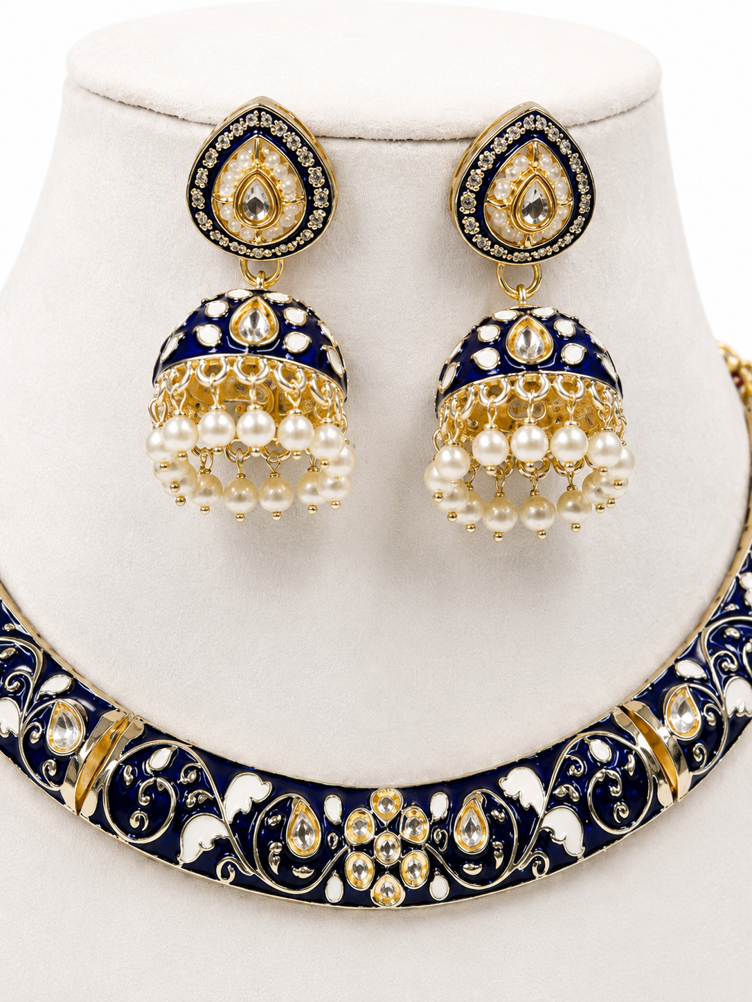 Royal Blue Meenakari Kundan Choker Necklace Set with Pearl Jhumka Earrings | 18K Gold Plated Traditional Bridal Jewelry | Handcrafted Enamel Wedding Necklace Set for Women | Belforet