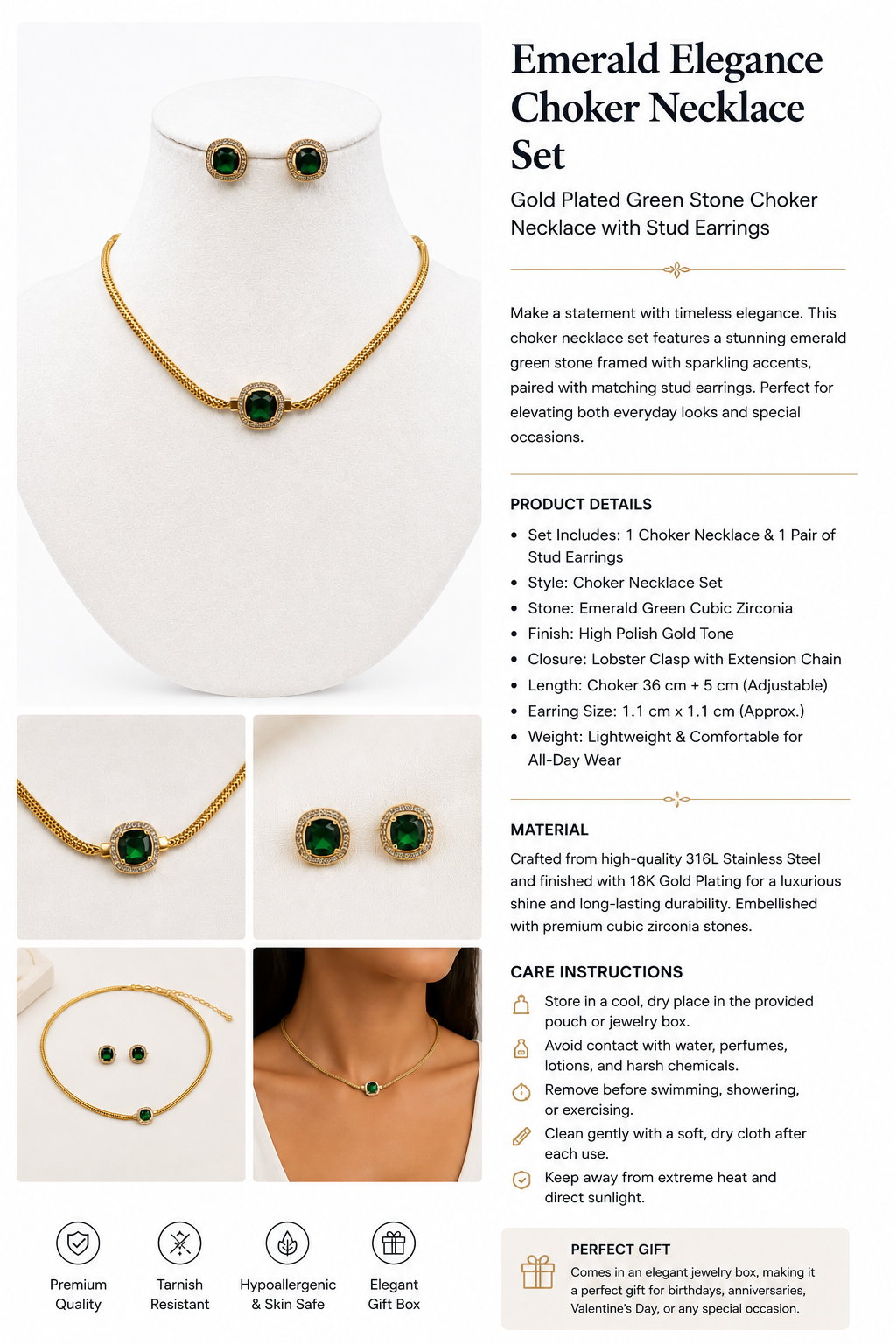 Belforet Emerald Green CZ Choker Necklace Set | 18K Gold Plated