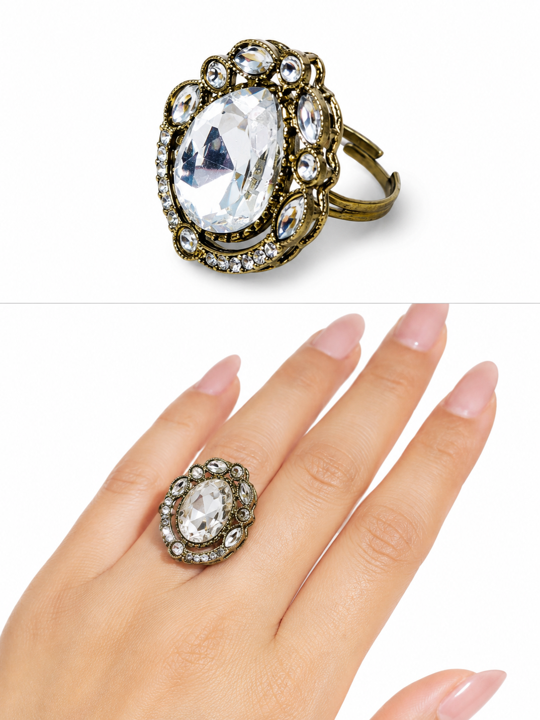 Regal Halo Vintage Statement Ring for Women | Antique Gold Crystal Adjustable Cocktail Ring