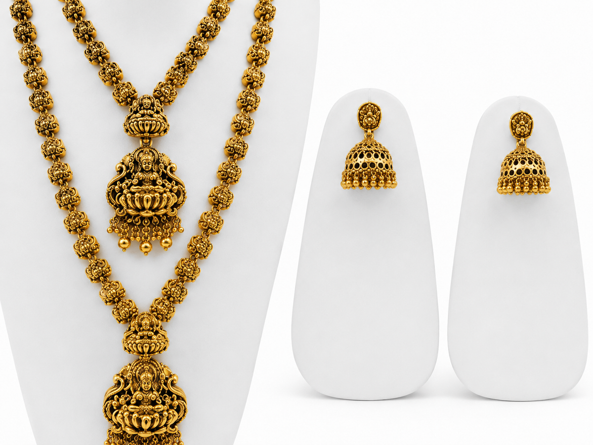 Traditional Temple Pendant Set with Jhumka Earrings – Antique Gold Finish