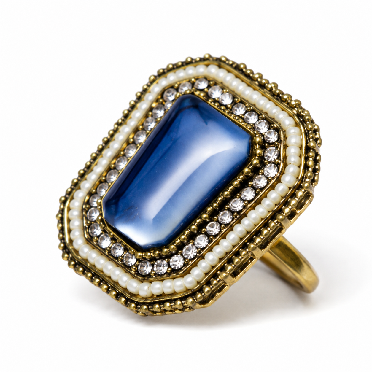 Gold Plated Stainless Steel Ring with Emerald-Cut Green Stone, Crystal Halo & Pearl Accents