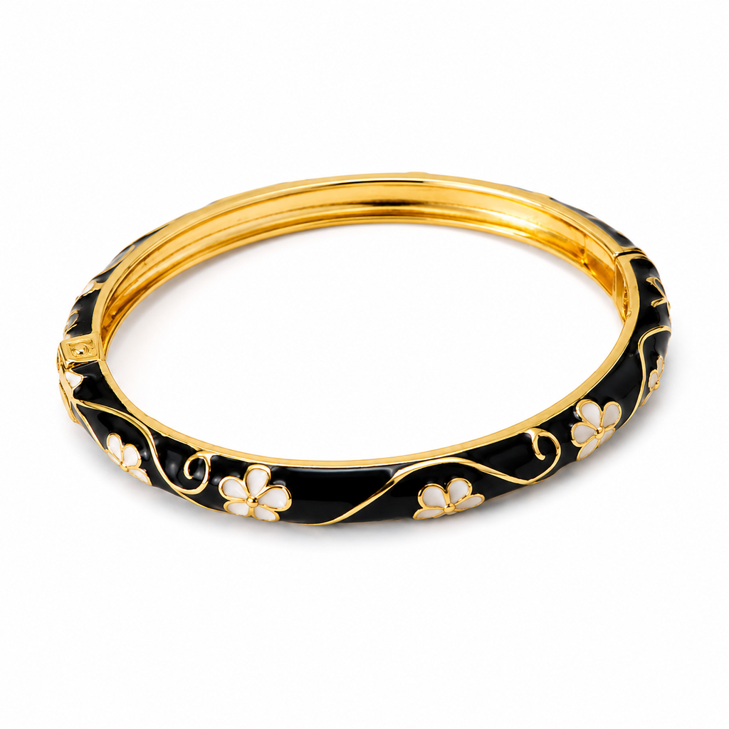 Black & White Floral Enamel Bracelet for Women | 18K Gold Plated Bangle - Anti Tarnish