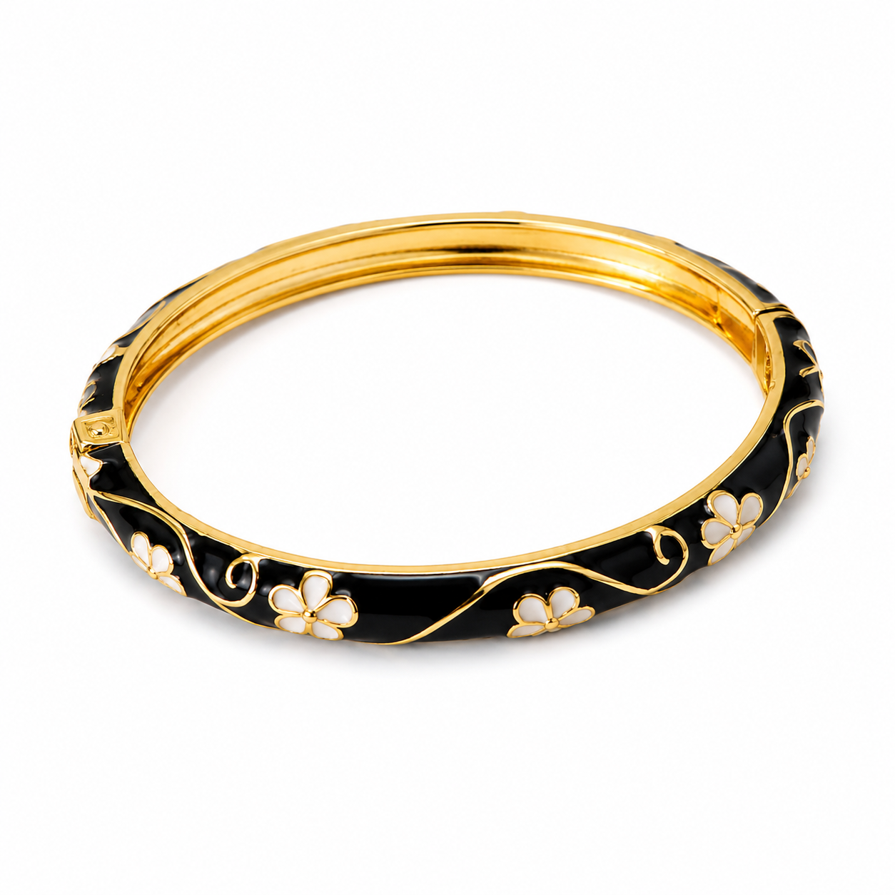 Black & White Floral Enamel Bracelet for Women | 18K Gold Plated Bangle - Anti Tarnish