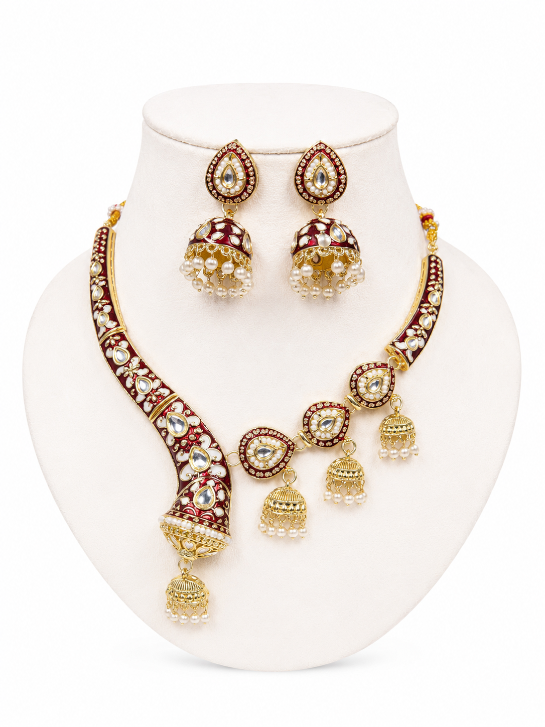Royal Maroon Kundan Pearl Jhumka Necklace Set for Women | Traditional Indian Ethnic Jewellery Set