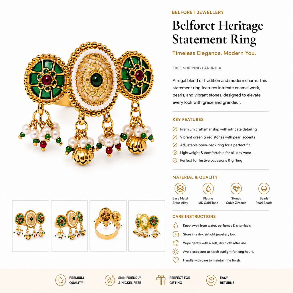 Belforet Heritage Temple Statement Ring | 18K Gold Plated Adjustable Ring