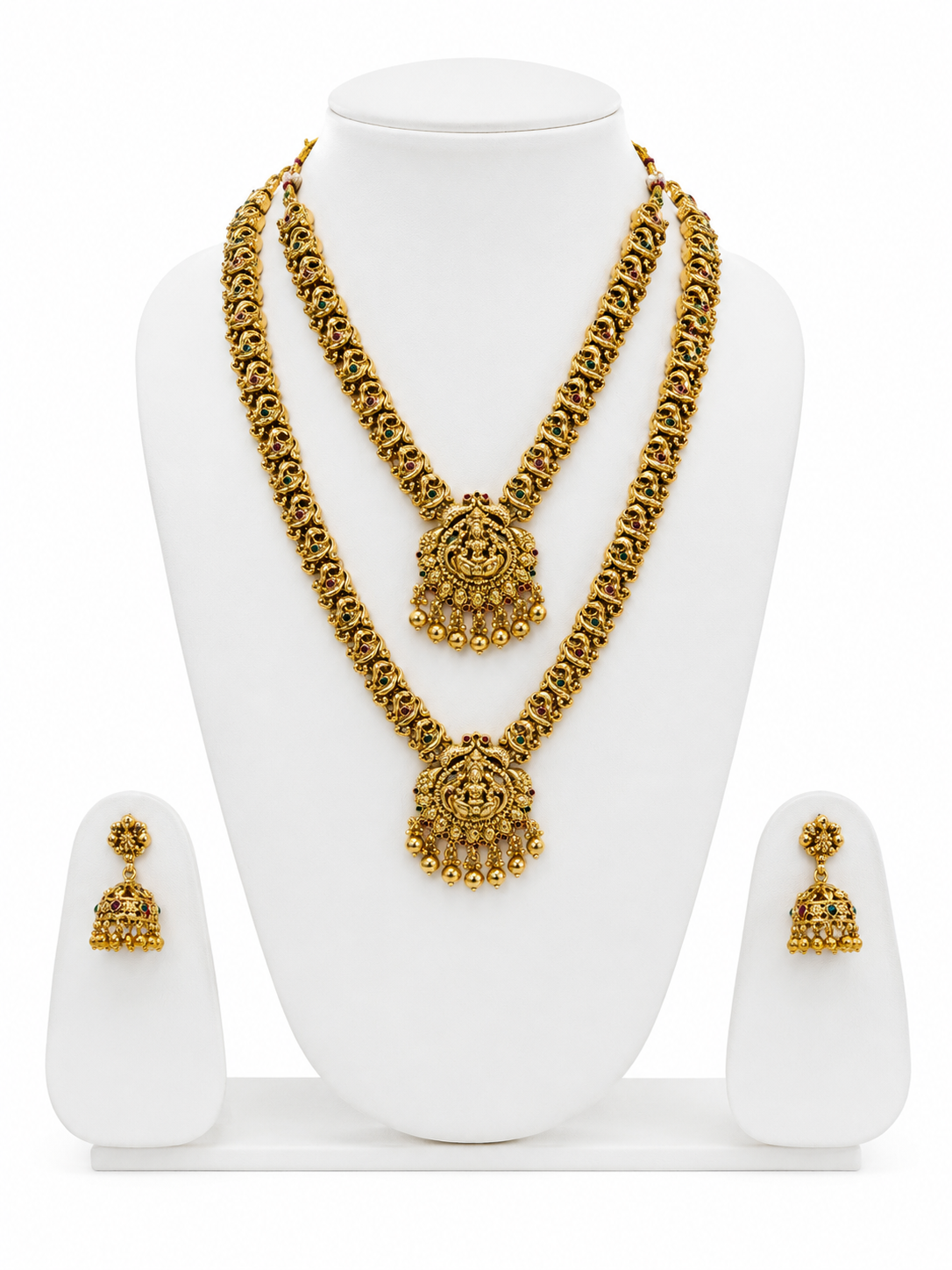 Belforet Divine Temple Jewelry Set for Women – Dual Layer Gold-Plated Lakshmi Haram Necklace with Jhumka Earrings