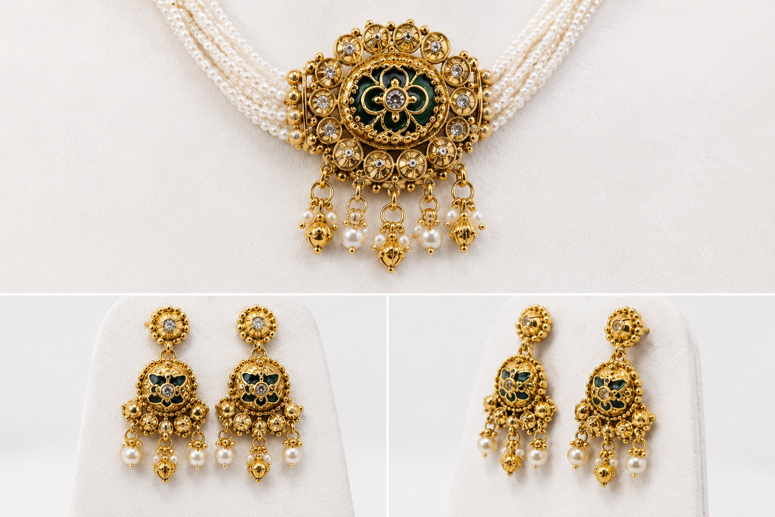 Royal Pearl & Green Kundan Choker Necklace Set with Earrings for Women | Traditional Ethnic Jewelr