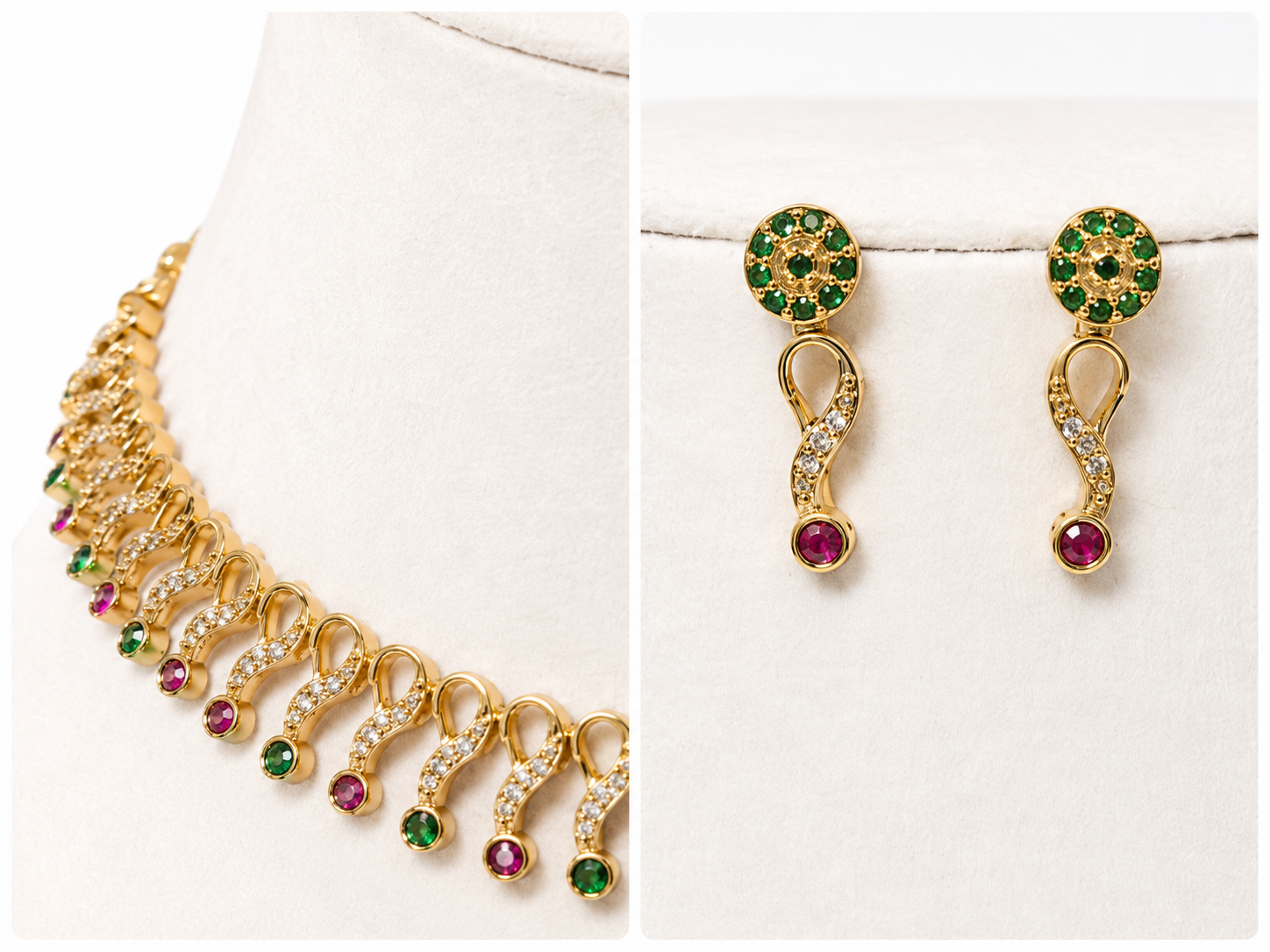Belforet Gold-Plated American Diamond Choker Necklace Set with Green & Ruby Stones | Traditional Bridal Jewelry for Women