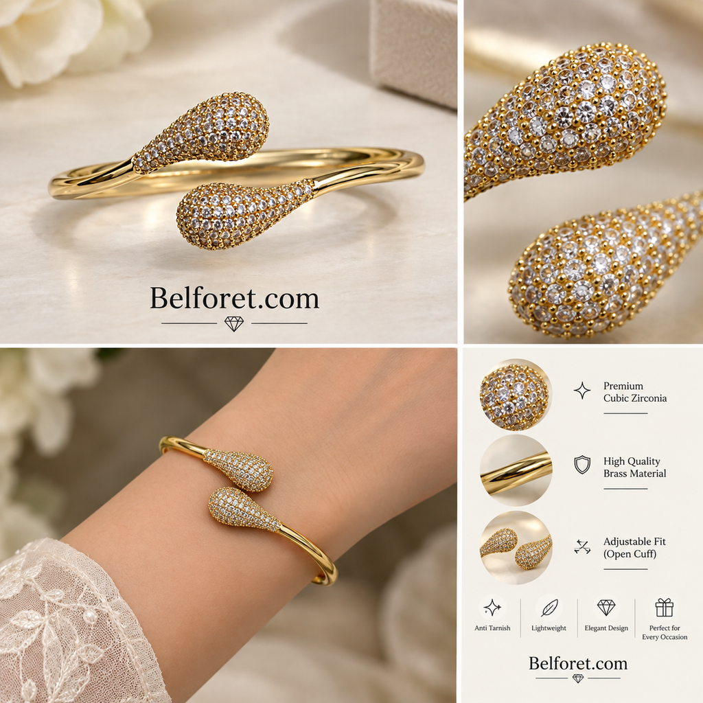 Anti tarnish ,this elegant Gold Tone Crystal Pave Open Cuff Bangle. Designed with a sleek open-cuff silhouette and beautifully detailed teardrop-shaped ends, this statement bracelet combines a polished gold-tone finish with sparkling crystal-style stone